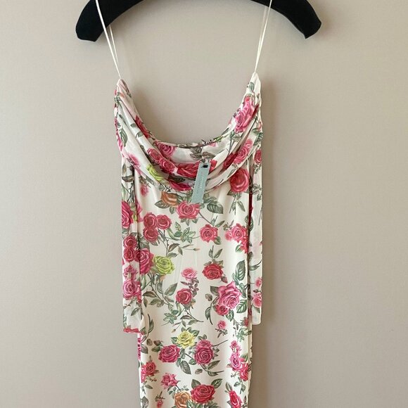 Anthropologie AFRM Off-The-Shoulder Maxi Dress Pink Roses Body-Con XXS Petite - Picture 5 of 10